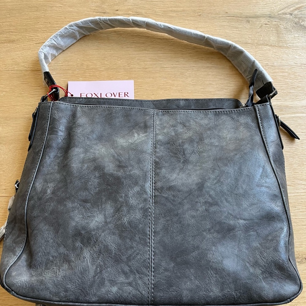 Gray Distressed Leather Shoulder Bag with Detachable Strap
